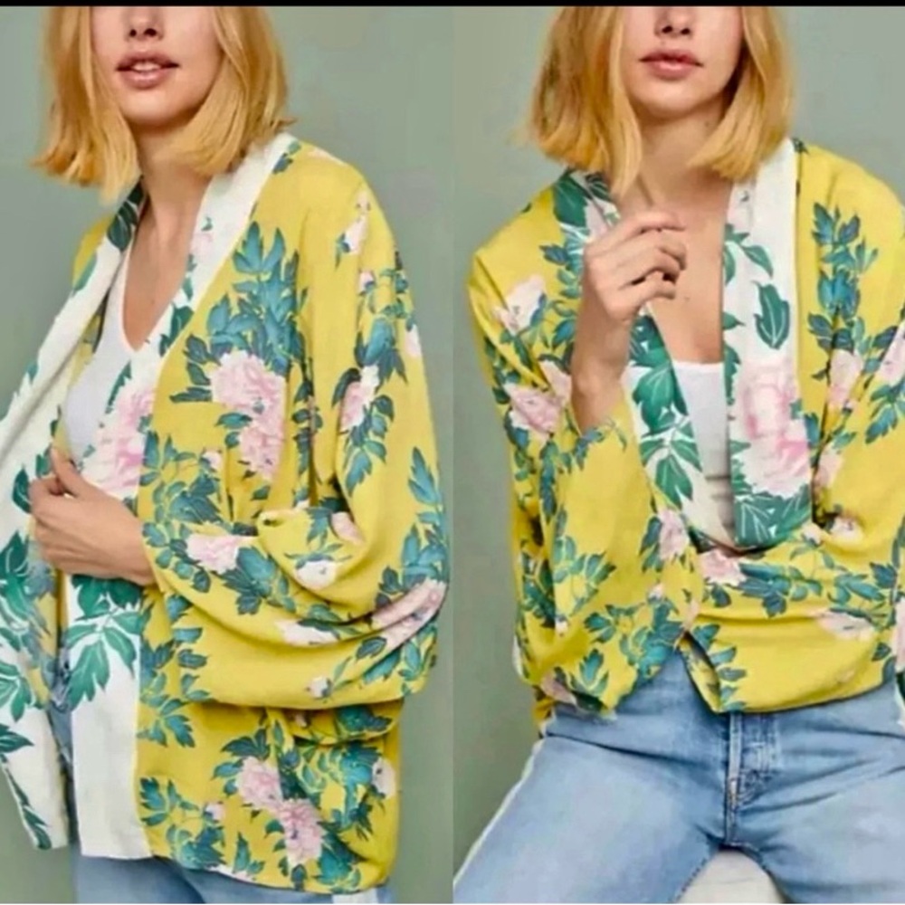 Anthro green yellow kimono style jacket